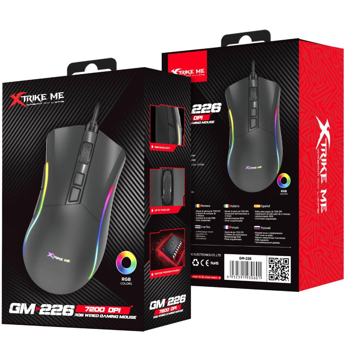 Мишка XTRIKE ME GM-226, ігрова, USB, 7200dpi., 7кн.,RGB, чорна (GM-226)