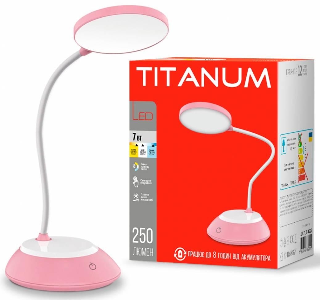 LED лампа настiльна з акумулятором DC3 TITANUM TLTF-022P 7W 3000-6500K USB рожева (26845) LED лампа настiльна з акумулятором DC3 TITANUM TLTF-022P 7W 3000-6500K USB рожева (26845)