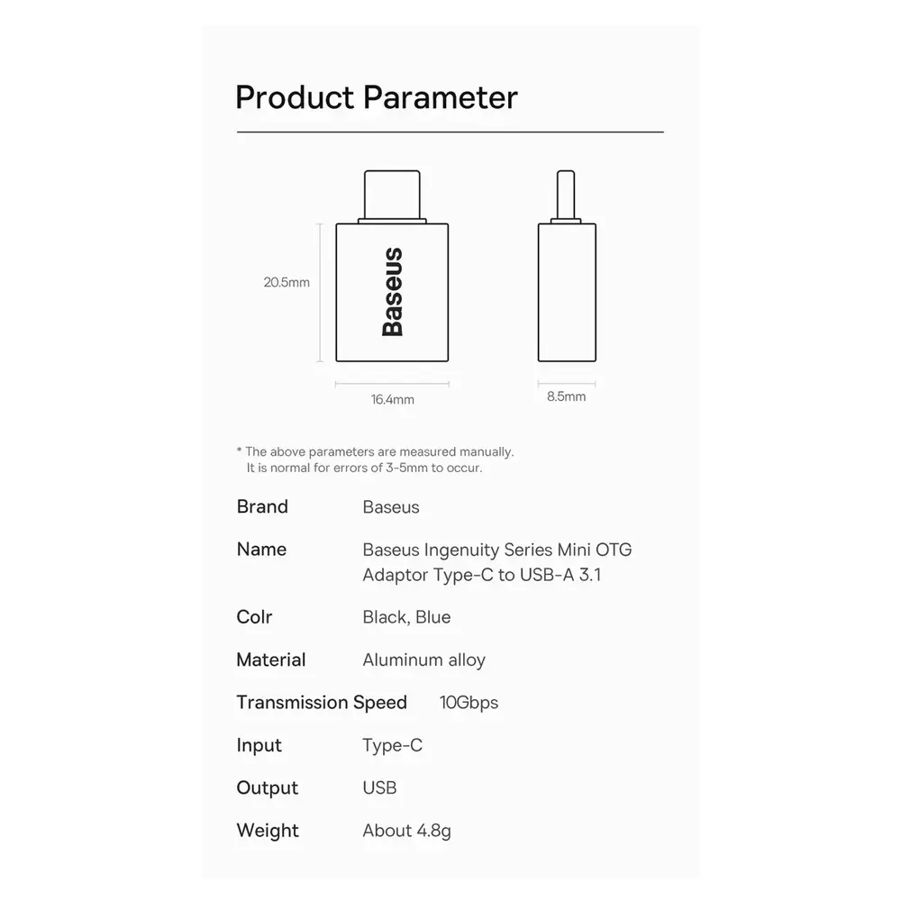 Адаптер Baseus Ingenuity Series Mini OTG USB-C to USB-A 3.1 Black (ZJJQ000001)