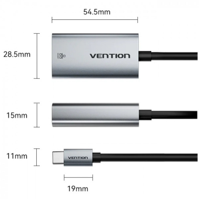 Перехідник USB-C to RJ45 Ethernet 1000Mbps black VENTION (CFPHB)