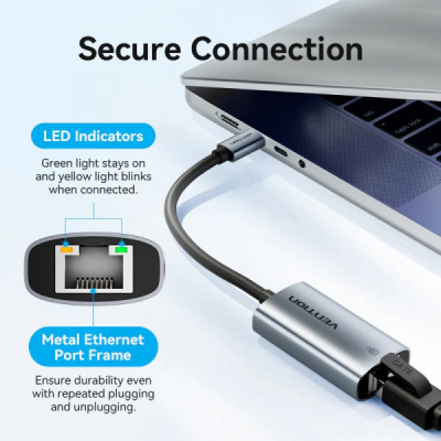 Перехідник USB-C to RJ45 Ethernet 1000Mbps black VENTION (CFPHB)