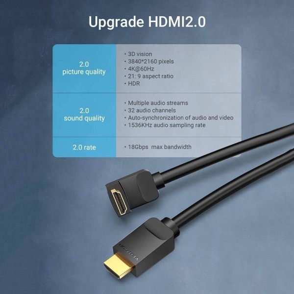 Кабель мультимедійний HDMI M to HDMI M 1.5m V2.0 4K60Hz 90° corner PVC black Vention (AARBG)