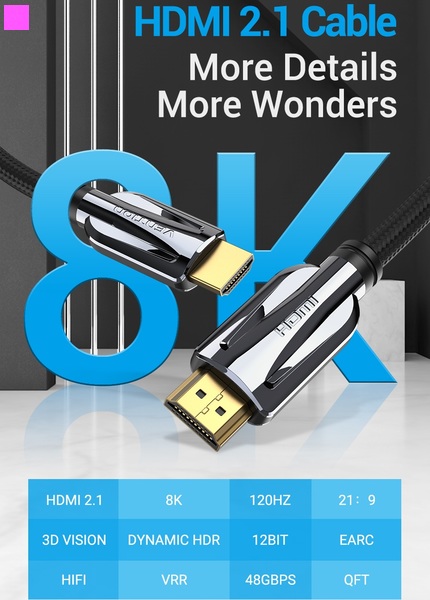Кабель мультимедійний HDMI M to HDMI M 2.0m V2.1 8K60Hz braided black Vention (AALBH)