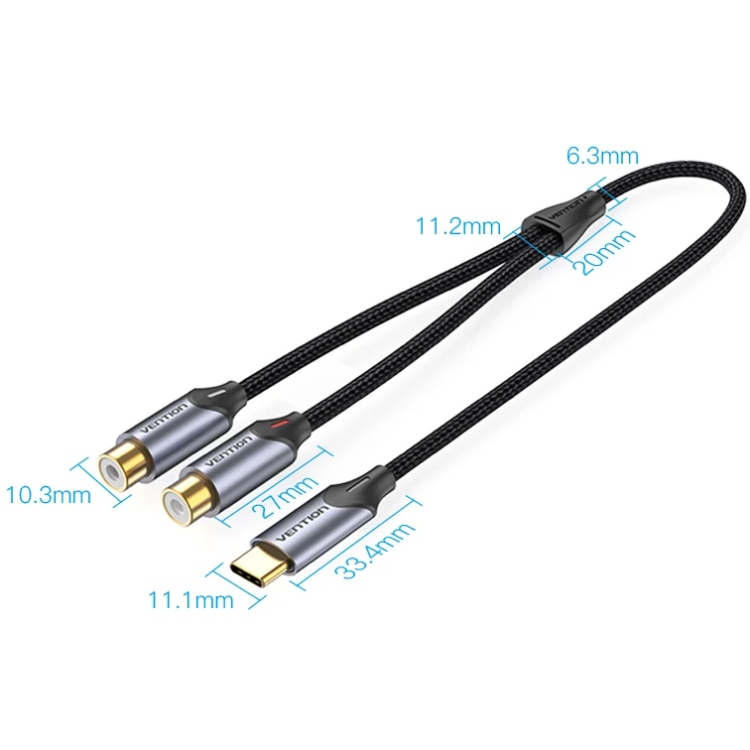 Кабель мультимедійний USB-C M to 2xRCA F 0.5m black Vention (BGVHD)