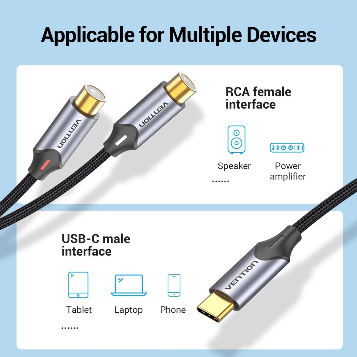 Кабель мультимедійний USB-C M to 2xRCA F 0.5m black Vention (BGVHD)