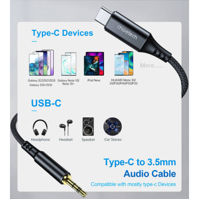 Кабель мультимедійний USB-C to 3.5mm M 1.0m black Choetech (AUX006)