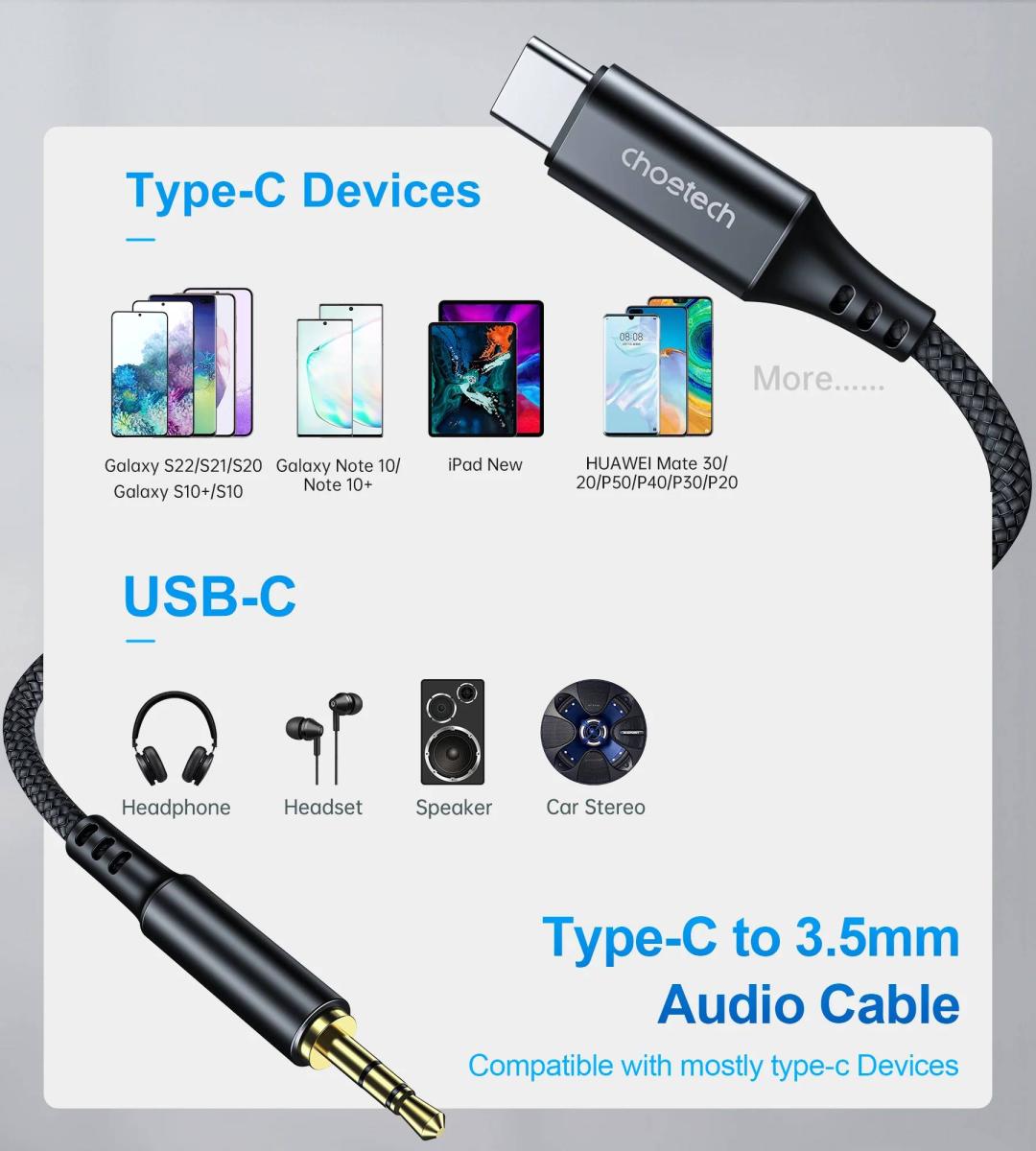 Кабель мультимедійний USB-C to 3.5mm M 1.0m black Choetech (AUX006)