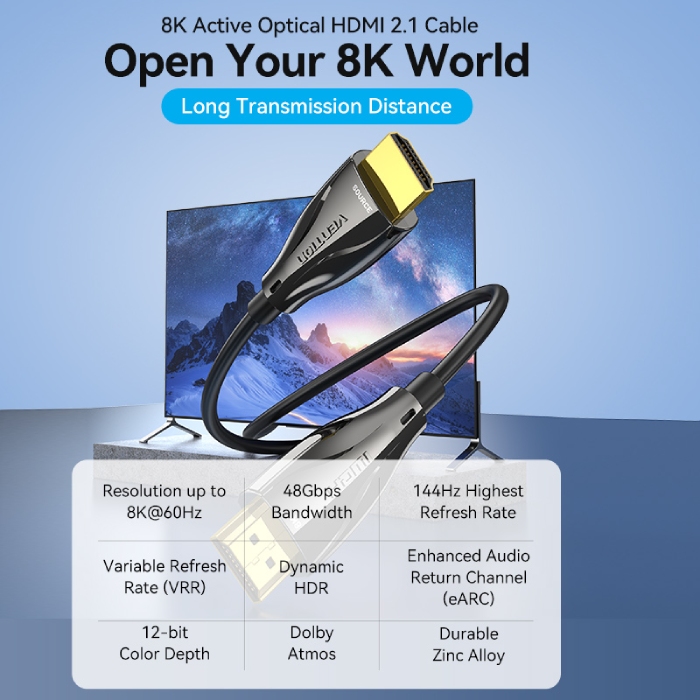 Кабель мультимедійний HDMI M to HDMI M 60.0m V2.1 Optical 8K 60Hz 48Gbps Dolby 7.1 black Vention (ALBBAE)