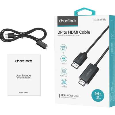 Кабель мультимедійний DisplayPort M to HDMI M 2.0m 4K60Hz Choetech (XDH01-BK)
