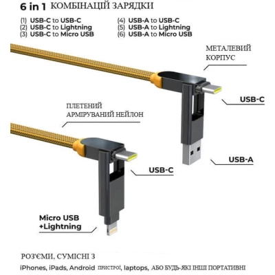 Дата кабель 6in1 inCharge XL 0.3m yellow Rolling Square (XLS03R)