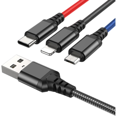 Дата кабель USB 2.0 AM to Lightning + Micro 5P + USB-C 1.0m 2A nylon black+red+blue HOCO (6931474768