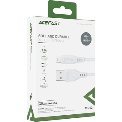 Дата кабель USB 2.0 AM to Lightning 1.2m 2.4A TPE C3-02 White Acefast (6974316280835)