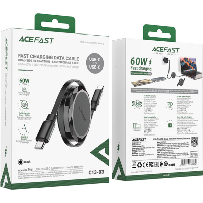 Дата кабель USB-C to USB-C 0.8m 60W dual retraction C13-03 Black Acefast (6974316280132)