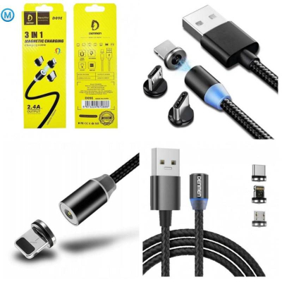 Дата кабель USB 2.0 AM to Lightning + Micro 5P + Type-C magnetic black Denmen (DN-D09E-BK)