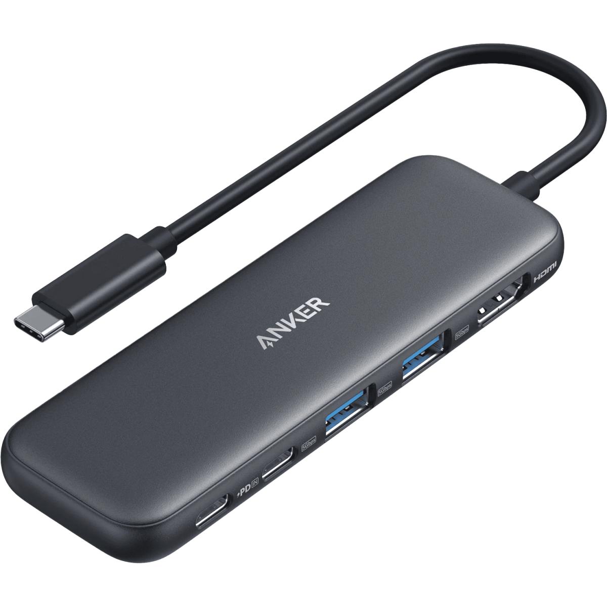 Концентратор Anker USB-C 5-in-1 2xUSB-A + USB-C 5Gbps + HDMI 4K + USB-C PD in 100W black (A8355H11)