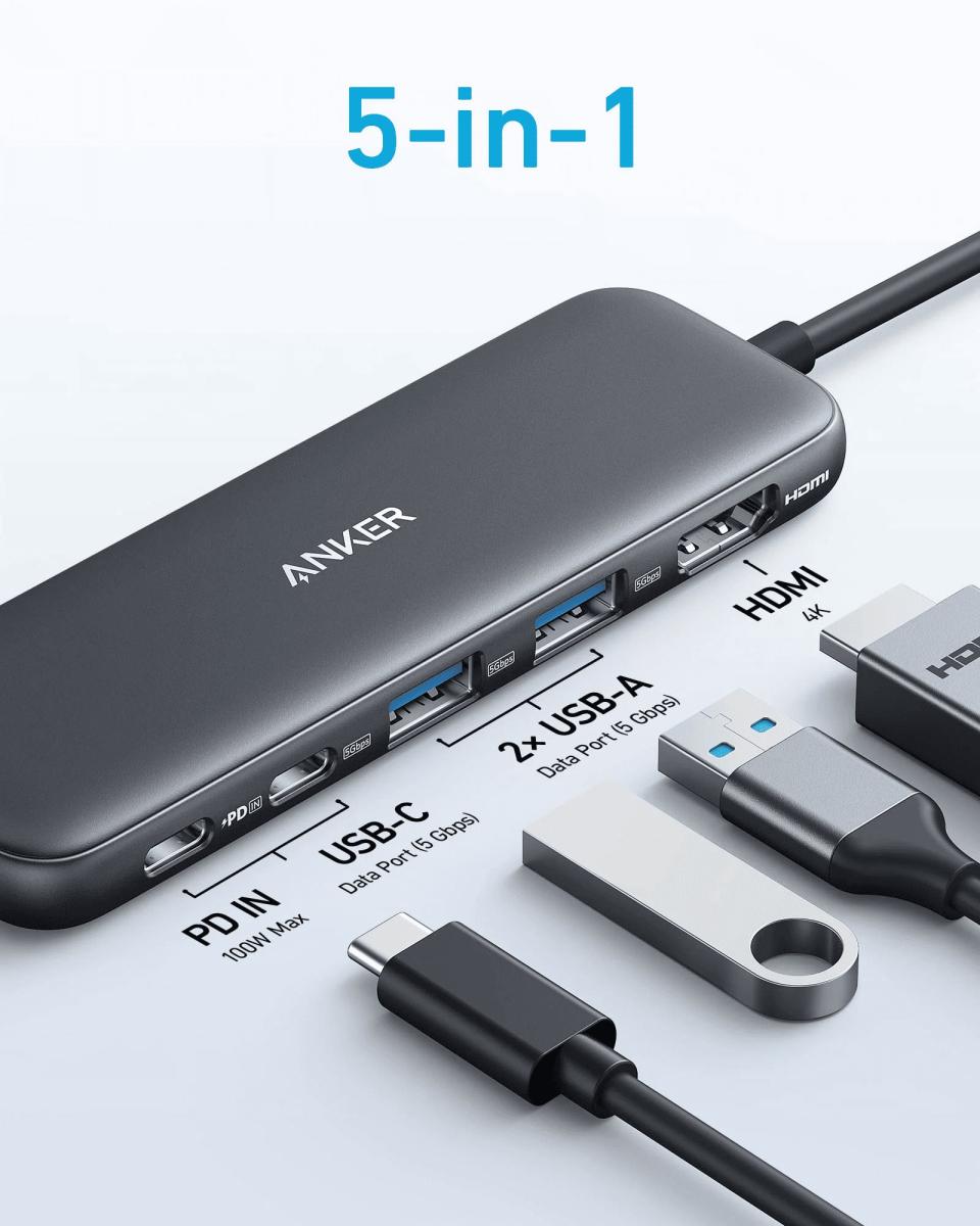 Концентратор Anker USB-C 5-in-1 2xUSB-A + USB-C 5Gbps + HDMI 4K + USB-C PD in 100W black (A8355H11)