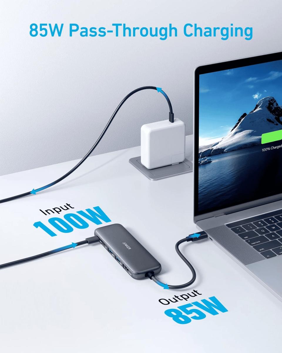 Концентратор Anker USB-C 5-in-1 2xUSB-A + USB-C 5Gbps + HDMI 4K + USB-C PD in 100W black (A8355H11)