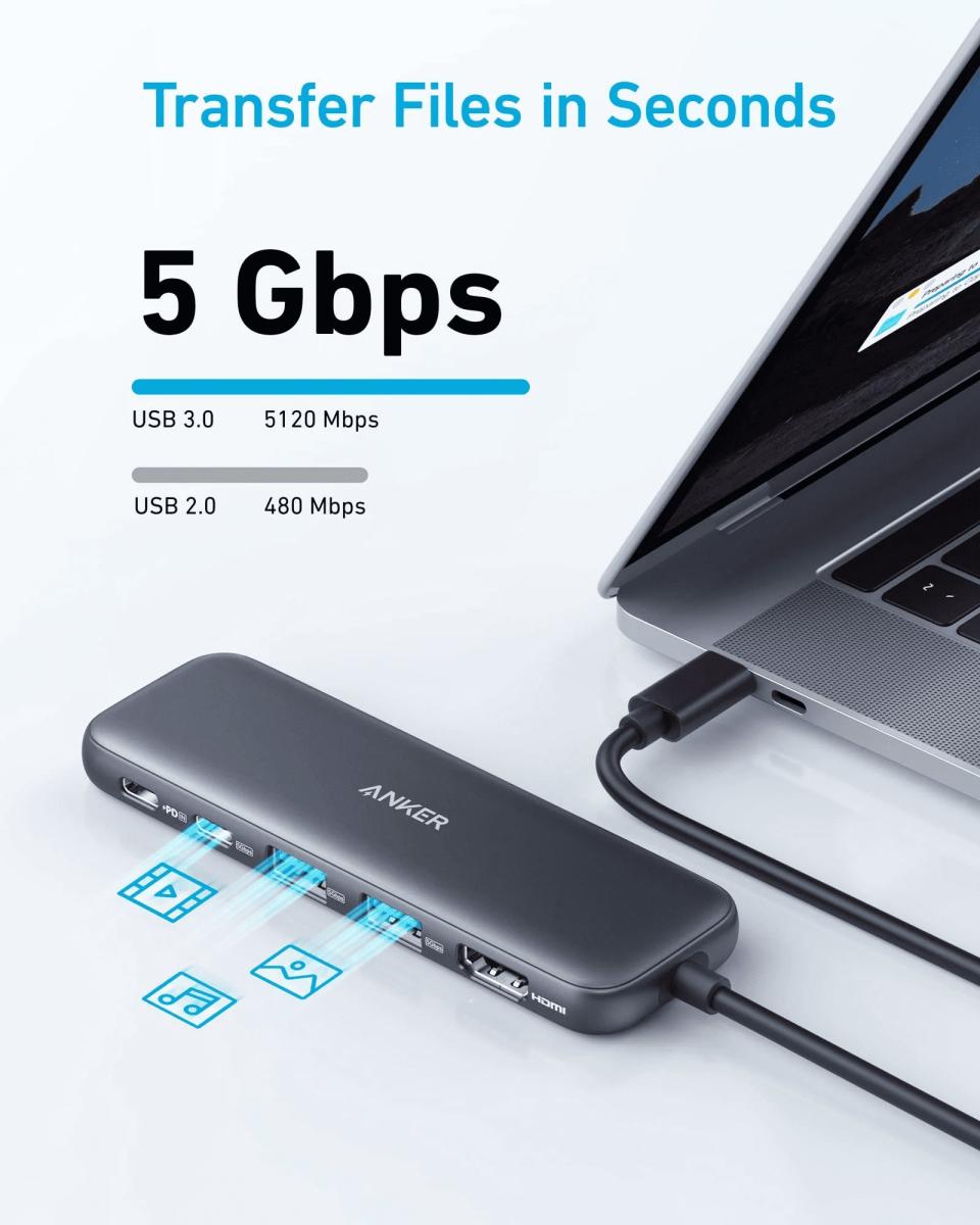Концентратор Anker USB-C 5-in-1 2xUSB-A + USB-C 5Gbps + HDMI 4K + USB-C PD in 100W black (A8355H11)