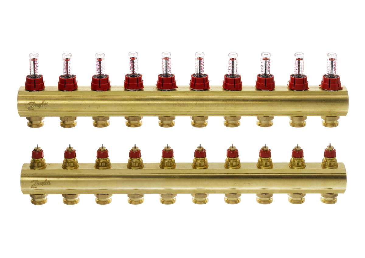 Розподільний колектор Danfoss FHF-F, 10+10 контурів, з ротаметрами, латунь