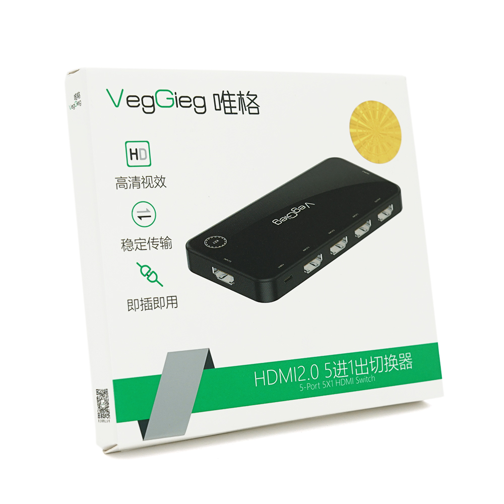 HDMI свіч VEGGIEG V-HD05 4k x 2k, 5 x 1 портів, з USB-кабелем і пультом дистанційного керування, Black, Blister (1638900)