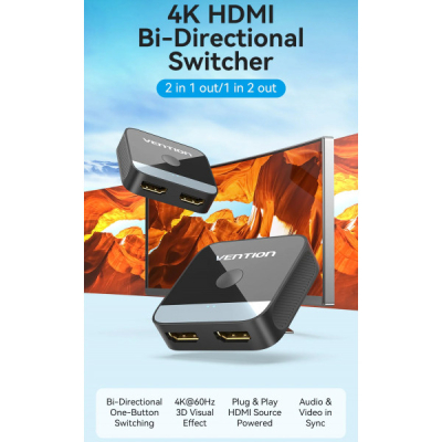 Спліттер VENTION HDMI 2.0 UHD 4K 60Hz 3D, HDCP,1080P перемикач двонаправлений (AKOB0)
