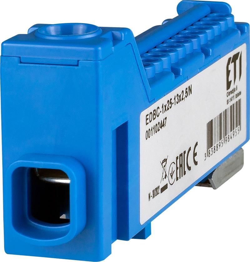 Блок розподільчий ETI, EDBC-1x25-13x2,5/N (63A, 1000V AC/1500V DC, IN: 1x25, OUT: 13x2,5; синій) (1102447) (1638041)