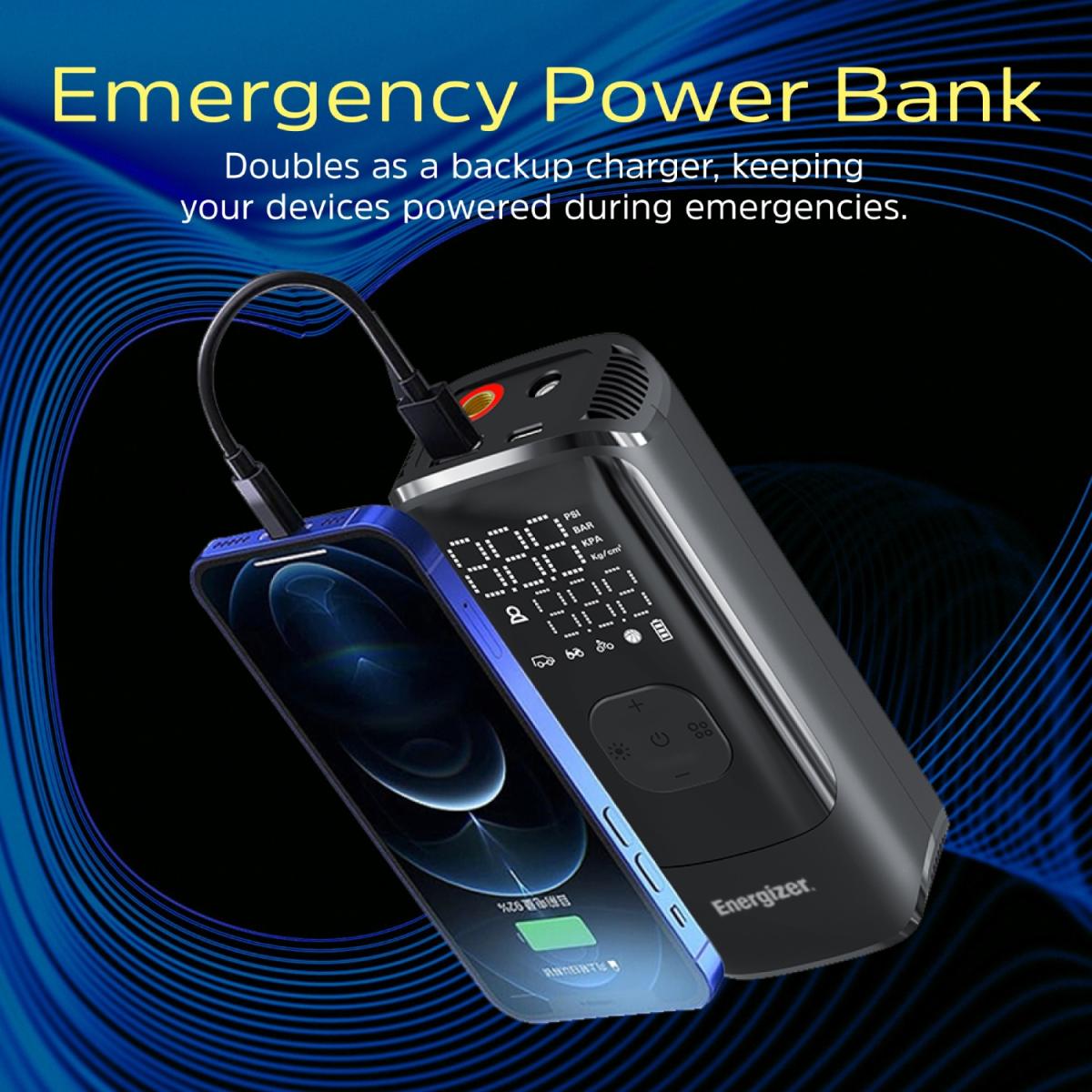 Автомобільний портативний компресор Energizer PAC4000 150 PSI, Power Bank 2000 mAh, Black (PAC4000)