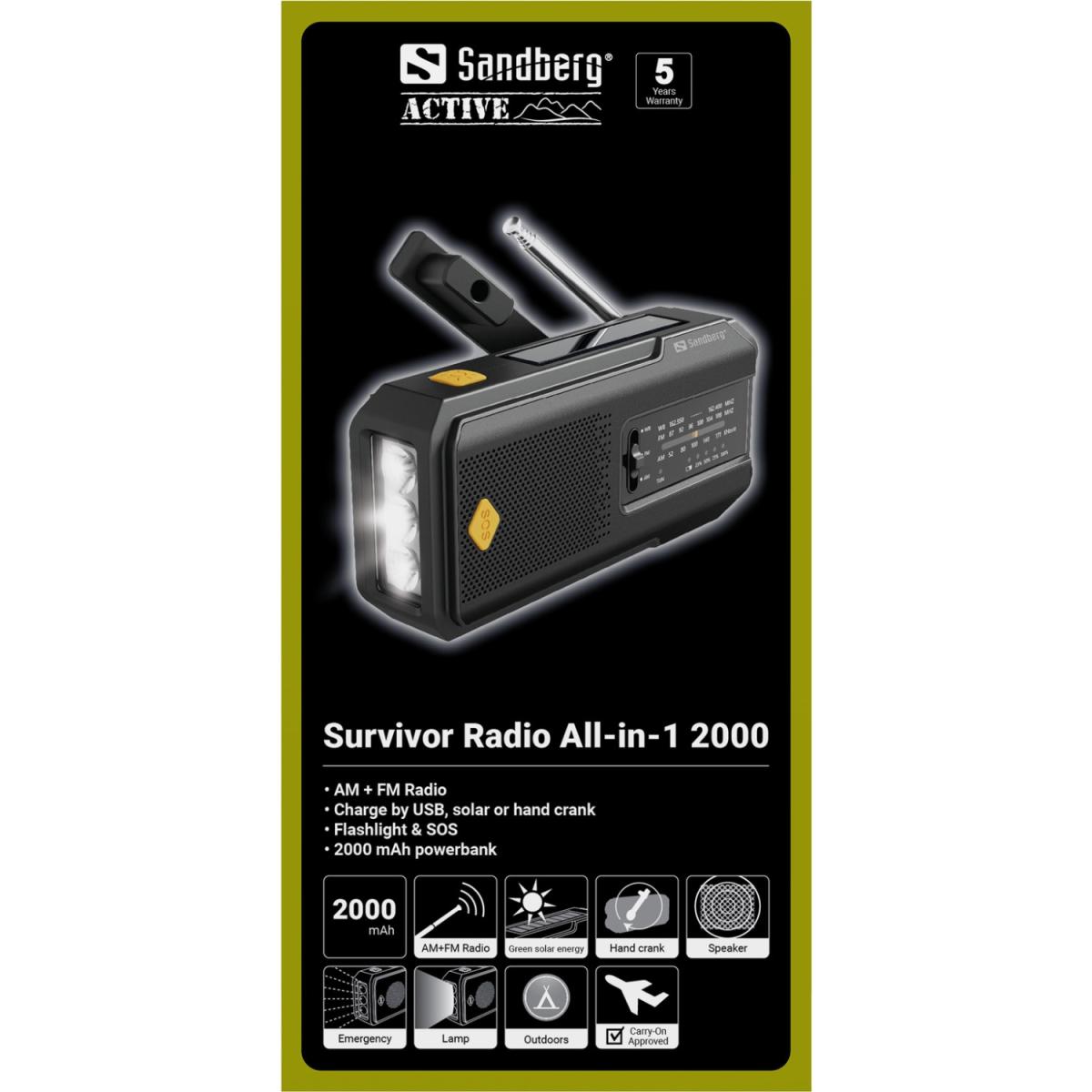 Радіо приймач FM/AM Survivor Radio All-in-1 2000, solar charger, powerbank, Flashlight, Sandberg (421-04)