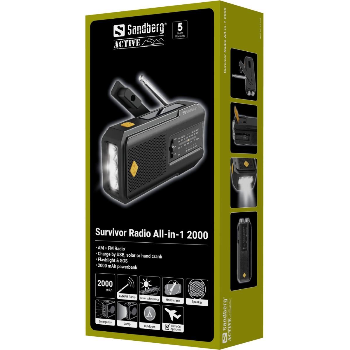 Радіо приймач FM/AM Survivor Radio All-in-1 2000, solar charger, powerbank, Flashlight, Sandberg (421-04)