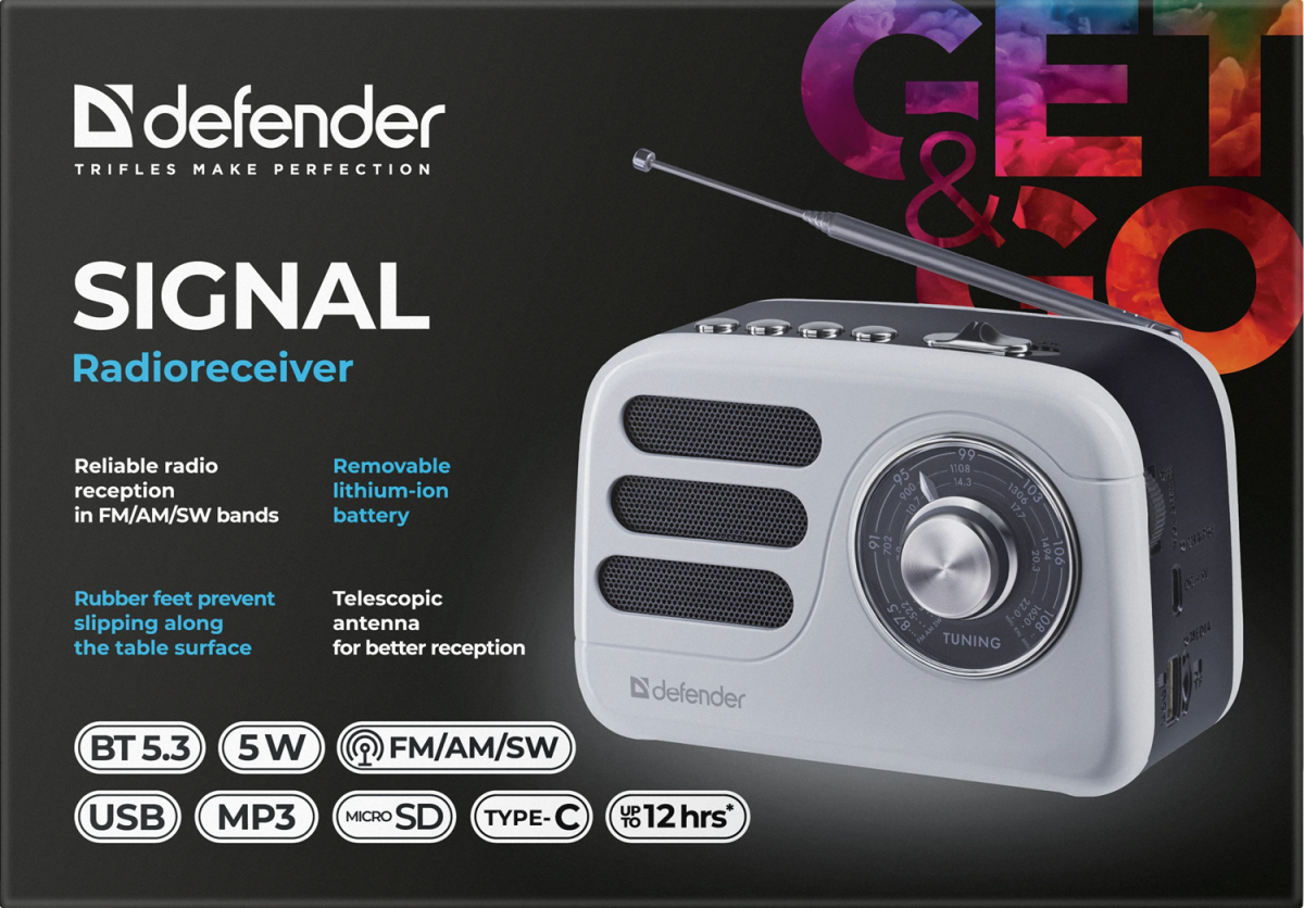 Радіоприймач DEFENDER (65089) Signal 5Вт FM/AM/SW/BT/USB/TF, White