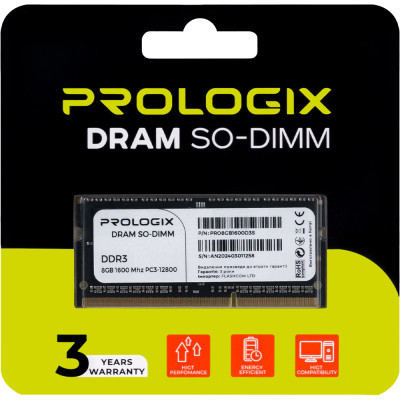 Модуль пам`ятi SO-DIMM DDR3L 8GB/1600 Prologix (PRO8GB1600D3S)