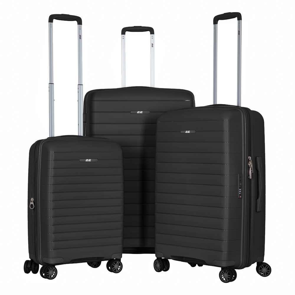 Набір валіз 2E, Aero, поліпропілен, (L+M+S), TSA, 4 колеса, EXP, чорний (2E-SPP-AERO-SET3-BK)